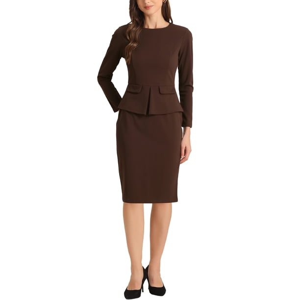 Vestido de trabajo ajustado de peplum para mujer INSPIRE CHIC, cuello redondo, de manga larga, cintura alta, midi, color marrón oscuro, talla L