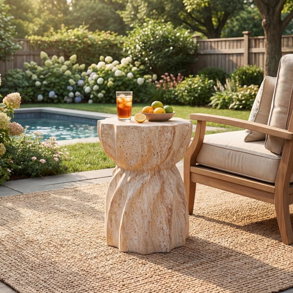 Christopher Knight Home MGO Side Table with Sunburst Top and Hourglass Design, Travertine Finish