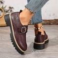 thumbnail image 3 of Womens Loafers Fashion Buckle Strap Round Toe Vintage Leather Work Office Dress Shoes Classic Lug Sole Low Heel Business Casual Shoes Wine Size 6.5, 3 of 6