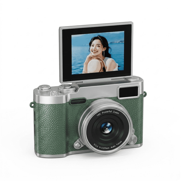 Cámara Selfie Pantalla Abatible 2.4" Verde Retro, 1080P 48MP con Flash y Filtros, Portátil con Tarjeta 128GB
