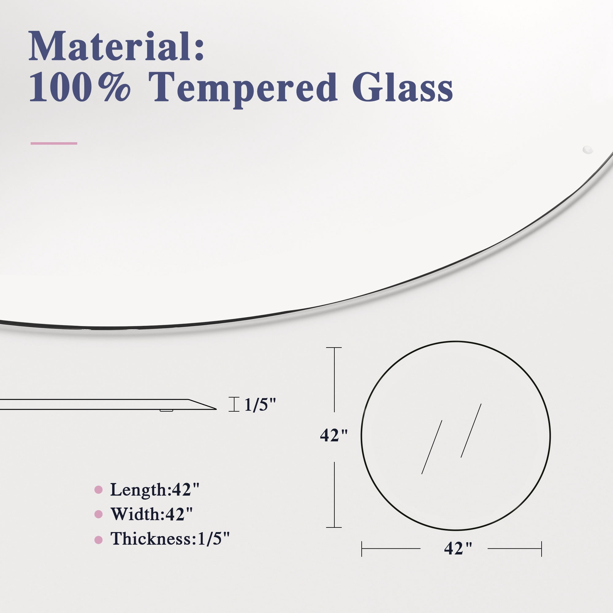 42"x42" Round Transparent Glass Floor Mat with Anti-slip Function,6mm Thick