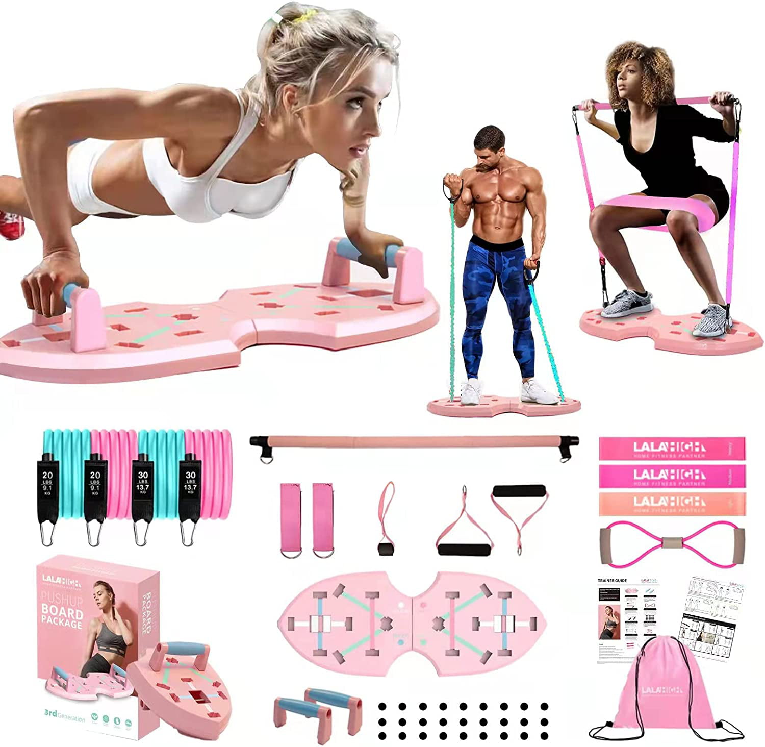  LALAHIGH Ultimate Portable Home Gym System: Large Compact Push  Up Board, Pilates Bar & 20 Fitness Accessories with Premium Resistance  Bands Set & Ab Roller Wheel - Full Body Workout
