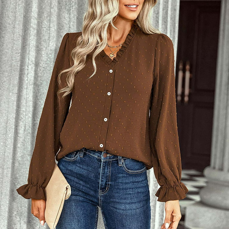 tklpehg Womens Tops Long Sleeve Lightweight Loose Fit Blouse Classic Solid  Colors V-Neck Casual Comfortable Long Sleeve Shirts Ladies Tops Tunic Tops