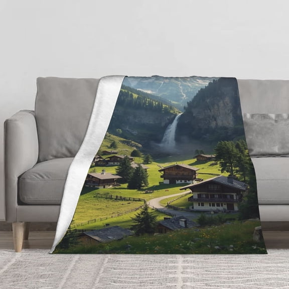 Alpine Mountain Village Waterfall Chalet Throw Blanket, Green Valley Nature Soft Flannel Blanket for Couch