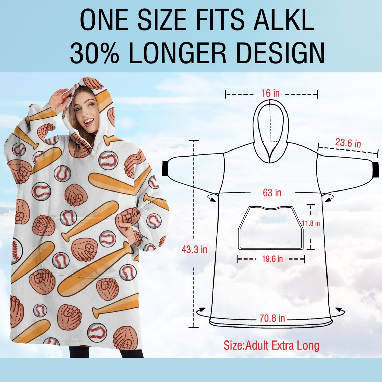 Oversized Wearable Blanket Hoodie,White Orange Baseball Gear Pattern Sherpa Blanket Hoodie with Super Pockets,Super Warm Fuzzy Pullover for Women & Men