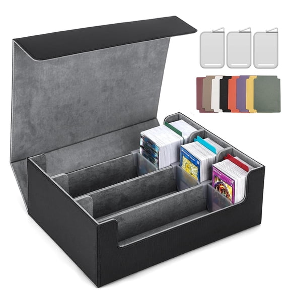 Card Deck Case for Trading Cards 1800 , Trading Card Storage Box with 8 Dividers and 3 Stoppers, Leather Magnetic Closure Deck Box Fit for YuGiOh, MTG and Sport Cards（Gray）
