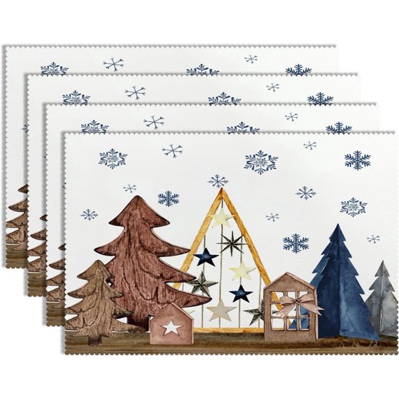 Christmas Blue Placemats Set of 4, 12x18 Inch Polyester Table Mats with Christmas Trees Cabin and Snowflake Design, Holiday Dining Table Decor,Heat Resistant Xmas Placemats