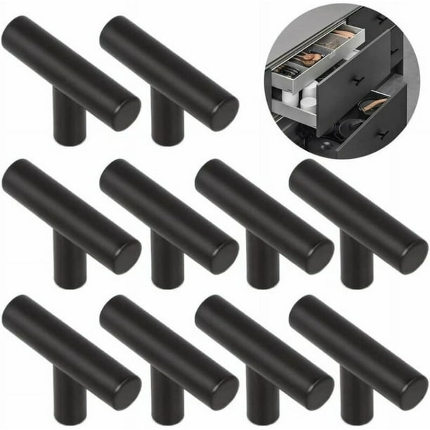 Paquete de 10 manijas de puertas de gabinete en T cepilladas, color negro arena, tiradores de cajones de aleación sólida de alta resistencia, tiradores de armario, zapatero