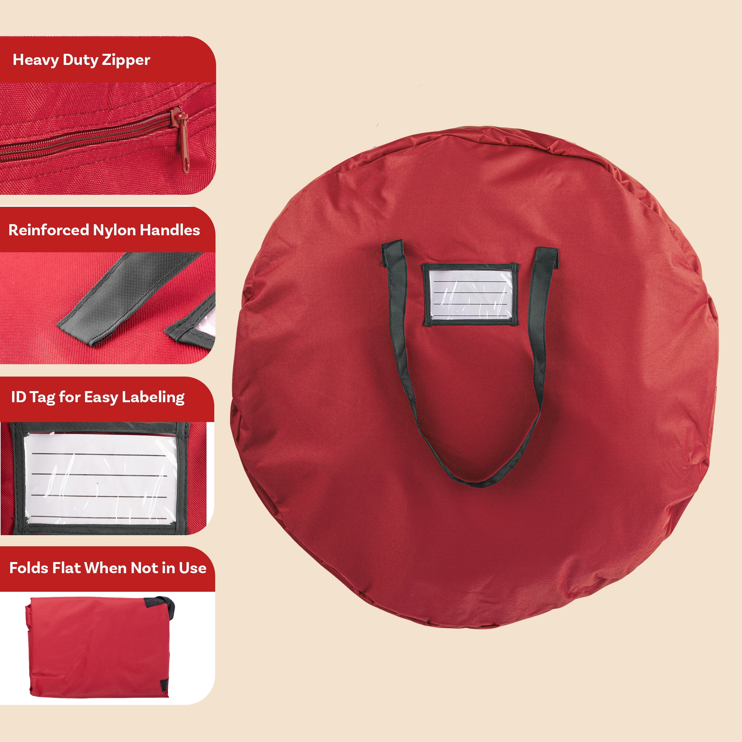 Tiny Tim Totes 30-inch Christmas Wreath Storage Bag with Carrying Handles, Red