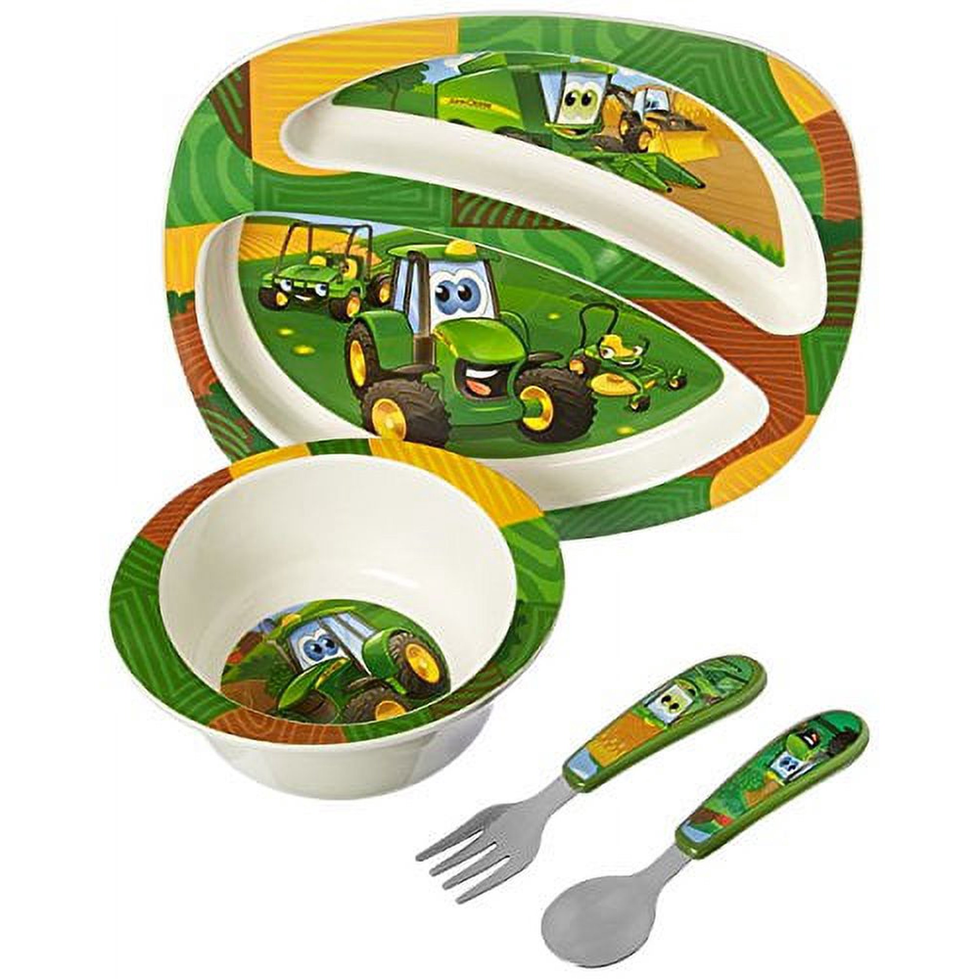 The First Years John Deere's Johnny Tractor and Friends Dinnerware Set - Toddler Plates and Bowls Set - Includes Toddler Plate, Bowl, Fork and Spoon - 4 Count John Deere 4 Piece Set