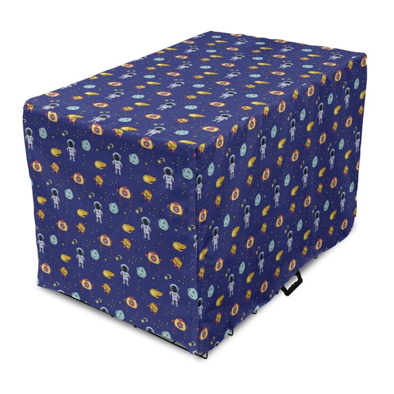 Alien Dog Crate Cover, Various Outer World Objects Cosmic Pattern with Astronaut and Constellations, Easy to Use Pet Kennel Cover Small Dogs Puppies Kittens, 7 Sizes, Indigo Multicolor, by Ambesonne