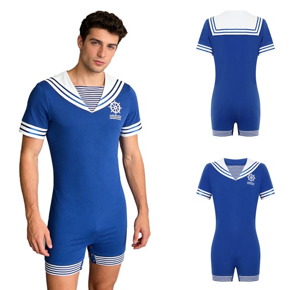 iiniim Men Buttoned Crotch Jumpsuit Shirt Bodysuit One Piece Pajamas Sailor Collar Nightwear Royal Blue S
