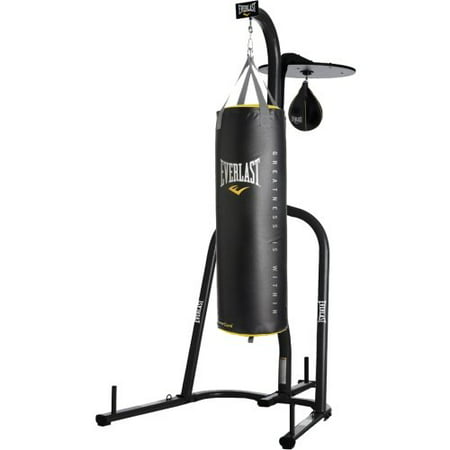 Everlast Dual Station Punching Bag Stand w/ 100 lb PowerCore Heavy Bag and Everhide Speed Bag ...