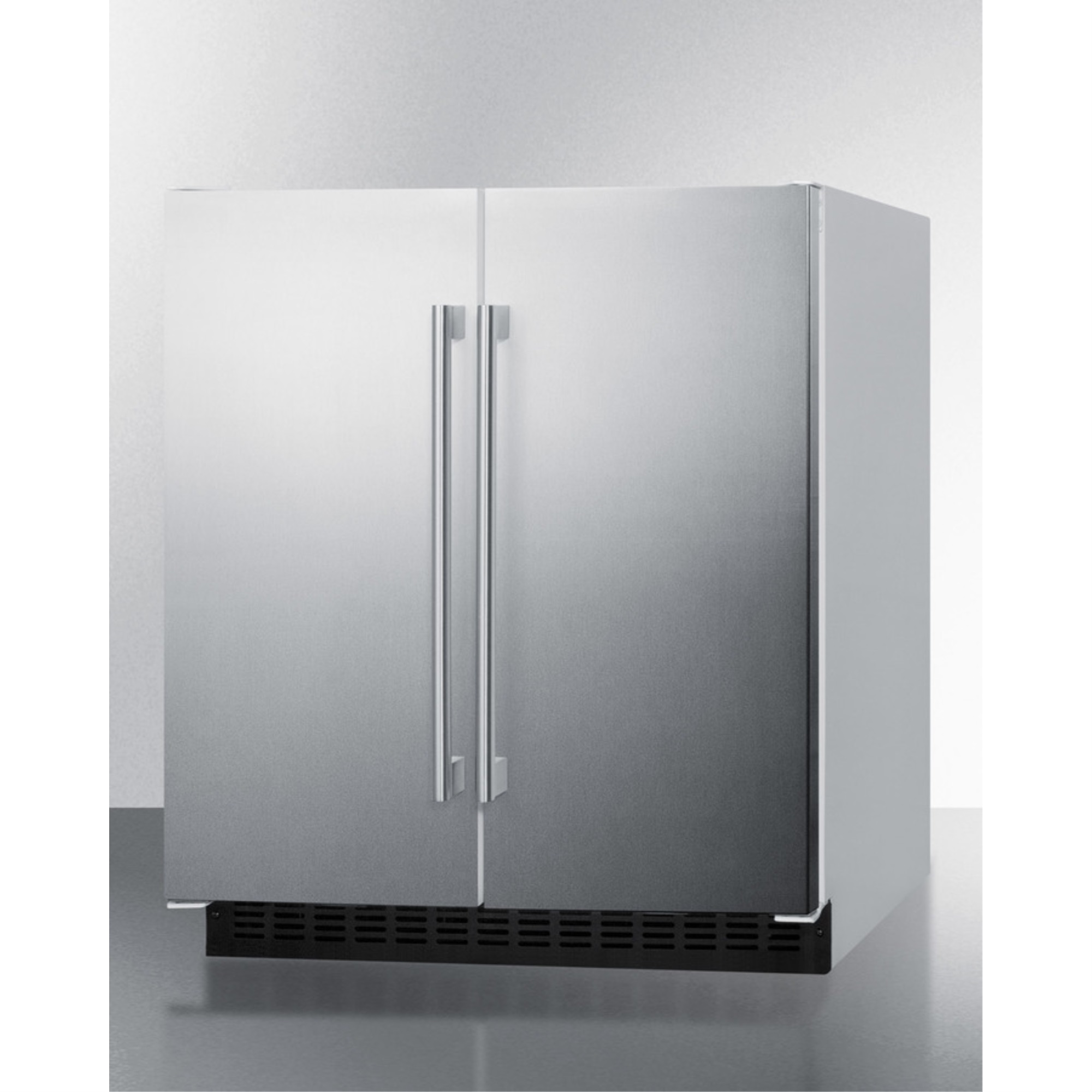 30" wide undercounter frost-free side-by-side refrigerator-freezer with stainless steel doors, white cabinet, locks, stainless steel handles, and digital controls - image 2 of 5
