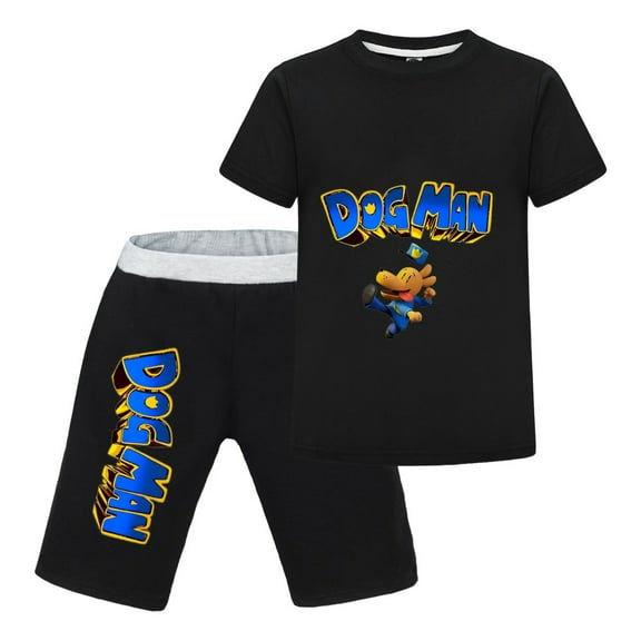 Dog Man Kicking Action Comic Pose Kids Outfit Set – Boys Girls Short-Sleeve Graphic T-Shirt and Shorts 2-Piece Cartoon Clothing for Summer Play, Sleepwear, or Casual Wear