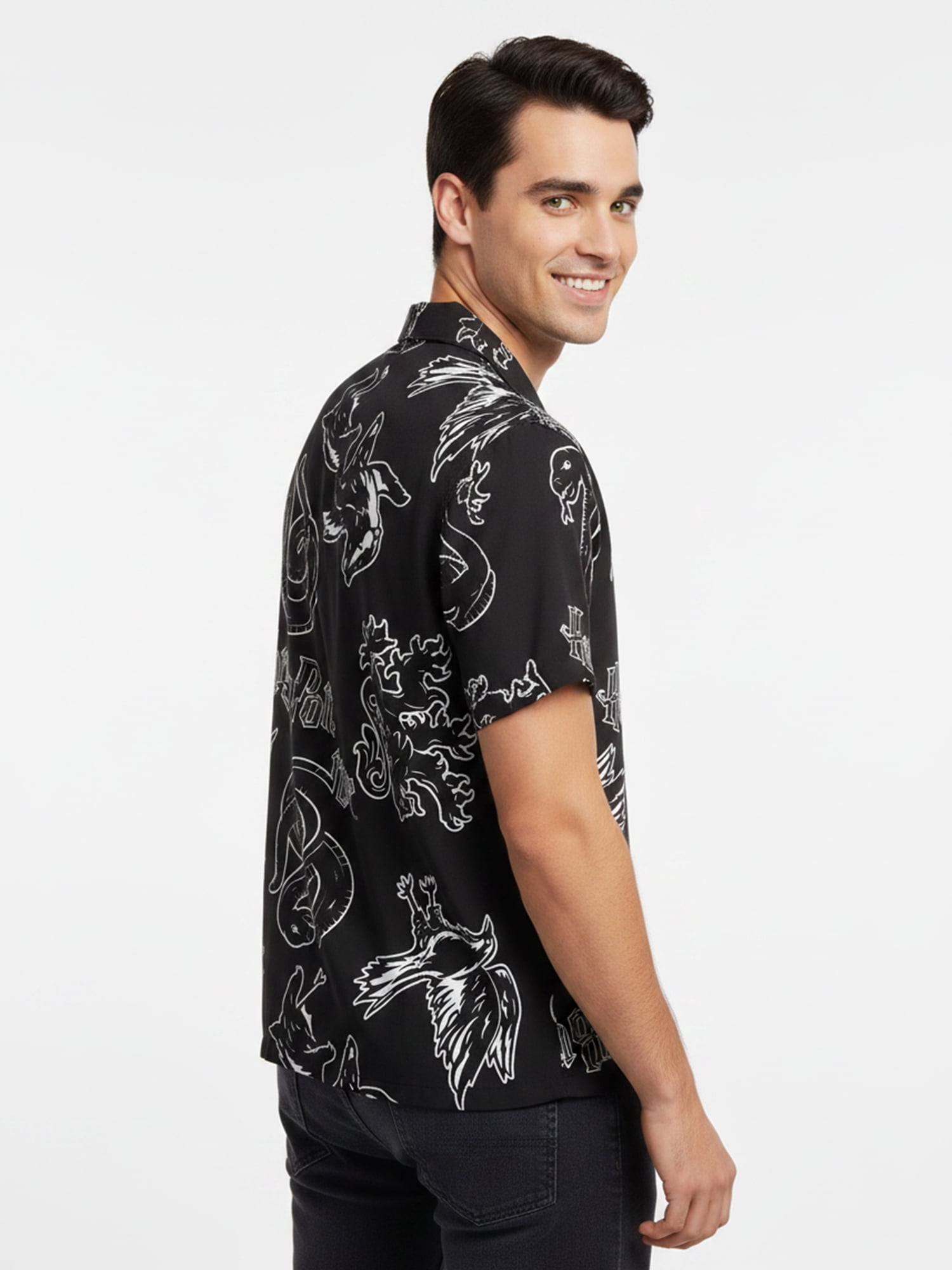 Harry Potter Men’s Short Sleeve Button-Up Camp Shirt, Line Work, Sizes S–3XL