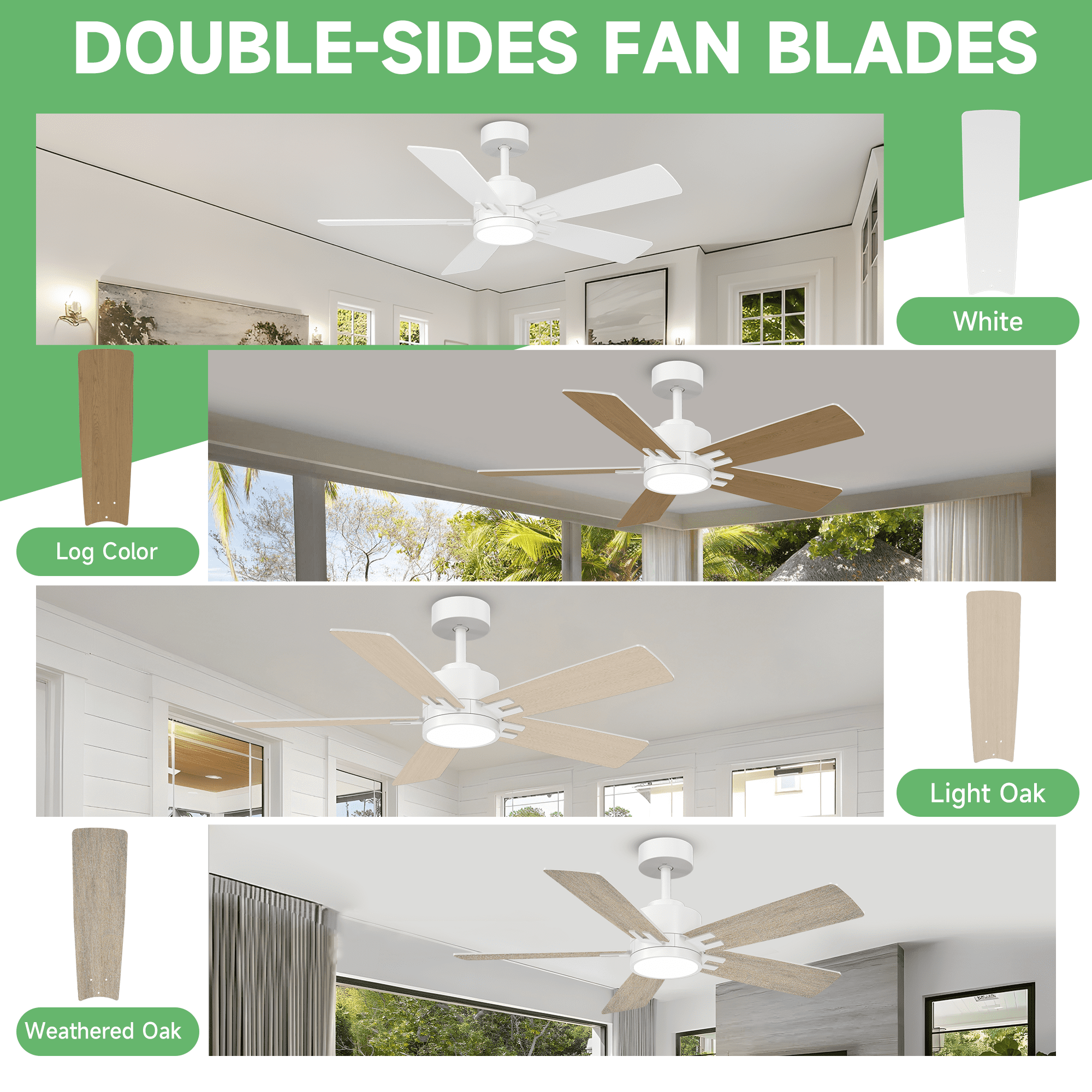 52 inch White Ceiling Fan with Light, Works with Alexa & App, Quiet Reversible DC Motor for Indoor Outdoor, 4-in-1 Modern Style with 2 Sets of Reversible Blades