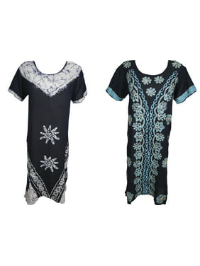 Mogul Womens 2PC Beach Caftan Dress Half Sleeves Batik Print Embroidered Loose Fit Summer Fashion Boho Chic Sundress L