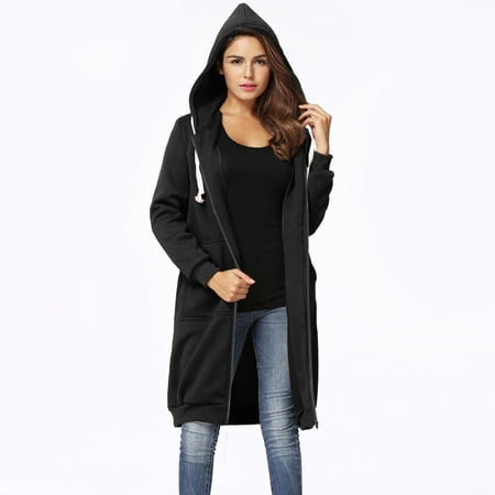 Chicuu Women Hoodie Casual Pockets Zip up Hoodies Long Hooded Coat Solid Outerwear Jacket Black XXXXXL