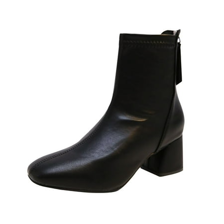 

SEMIMAY Ladies British Style Solid Color Leather Back Zipper Thick High Heel Fashion Short Boots Black