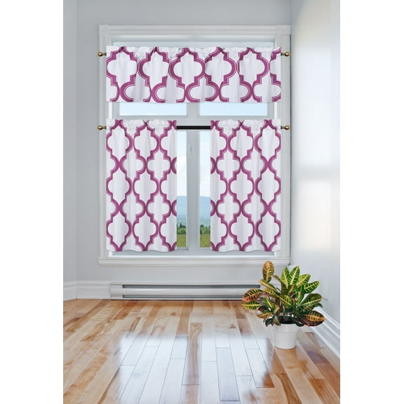 3-Piece 7LO HOT PINK Blackout Rod Pocket Kitchen Curtain Set, Two (2) Geometric Design Tier Panels with One (1) Matching Swag Valance Included