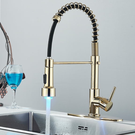 Gold LED Kitchen Faucet Pull Down Sprayer Single Handle Swivel Sink Mixer Faucet