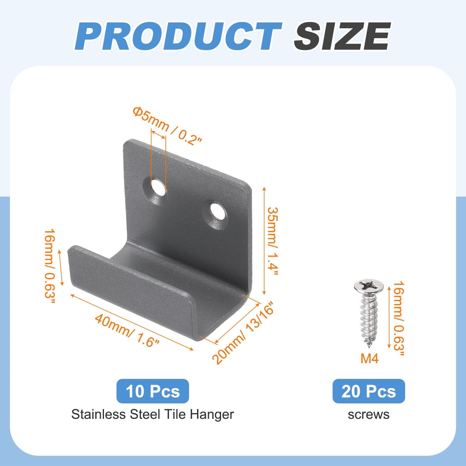 Uxcell 10 Pcs Stainless Steel Tile Hanger, Heavy Duty Wall Mount Bracket, Sand Grey, 20mm(13/16") Inner Width
