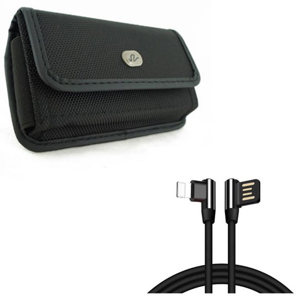 Angle USB Cable w Case Belt Clip for iPhone XS/X - 6ft Charger Cord Power Wire Sync, Rugged Holster Canvas Cover Pouch for iPhone XS/X