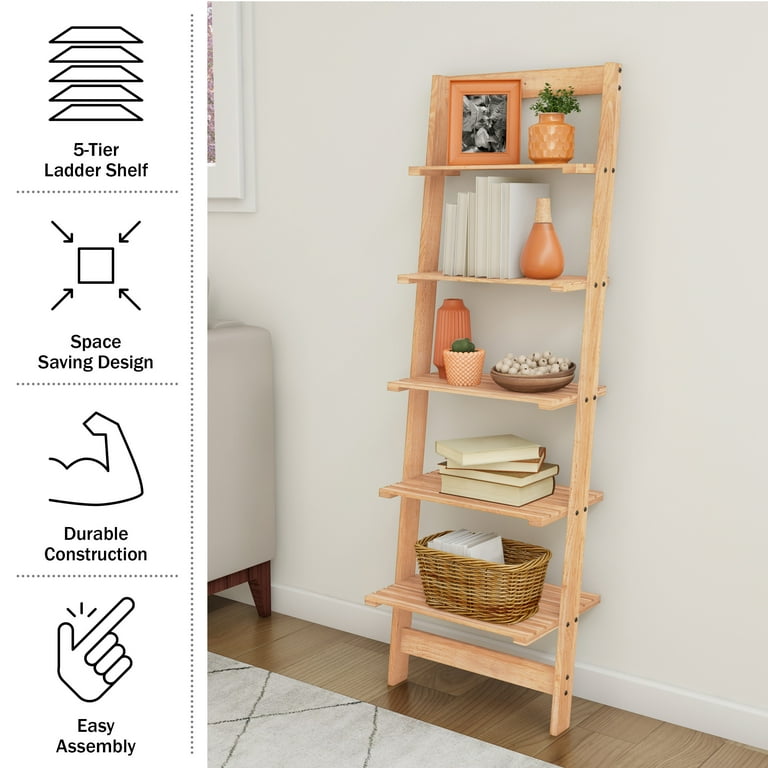 Lavish Home Free Standing 5 Tier Wooden Storage Shelves Ladder Bookshelf for Living Room Bathroom or Office Oak Walmart