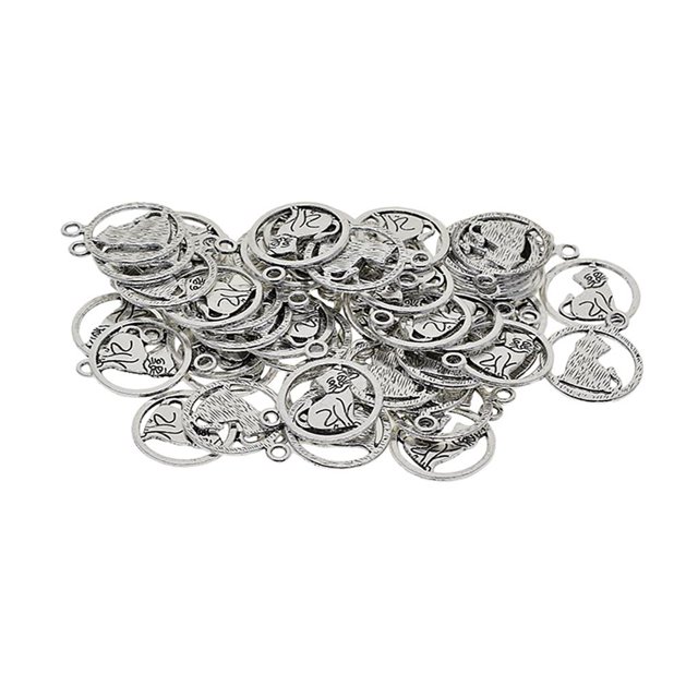 50 Piezas de Plata Tibetana Hueca Redonda Gato Etiquetas s Colgantes para Joyería Artesanal Ajuste Collar Gargantilla Llaver Soledad Joyería que hace encantos