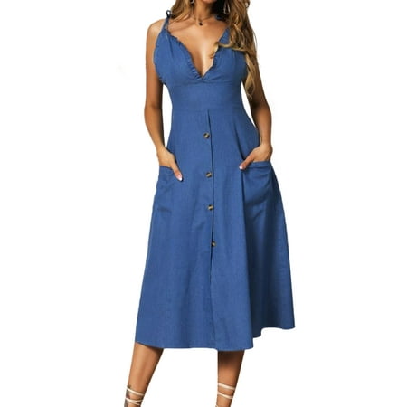 Acne Jeans Dress - Women Sexy V-Neck Strappy Button Pocket Holiday Denim Jean Dress Summer Midi Swing Sundress Long Denim Skirt For Women