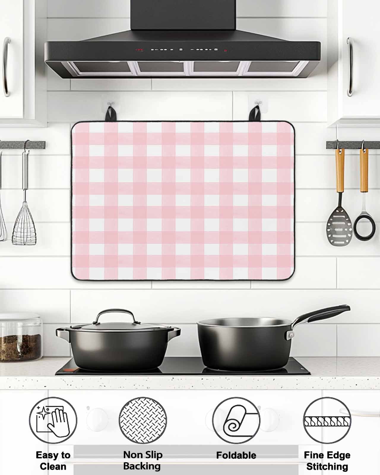 Stove Top Covers for Electric Stove, Pink Buffalo Plaid Glass Stovetop Cover Protector, Farmhouse Pink White Checkered Induction Cooktop Protector Oven Mat for Kitchen Countertop 24"x21"