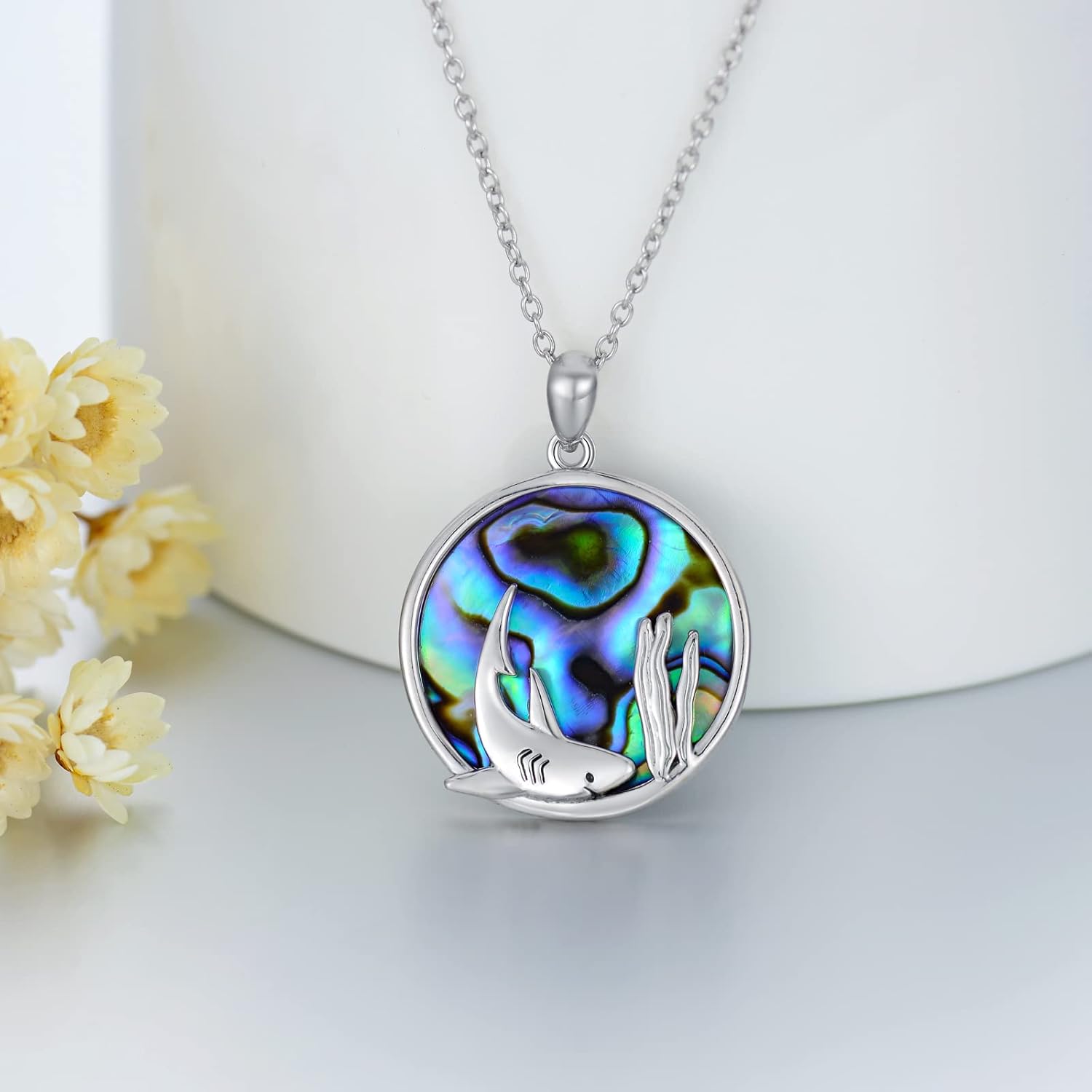 Shark Necklace Sterling Silver Abalone Shark Jewelry For Women Men Shark Gifts For Shark Lovers