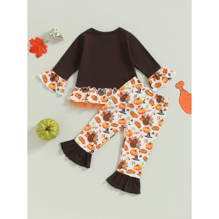 Baby Girls Thanksgiving Outfits Long Sleeve Pumpkin Turkey Print T shirt with Plaid Pants 2Pcs Toddler Cute Fall Clothes Set Walmart