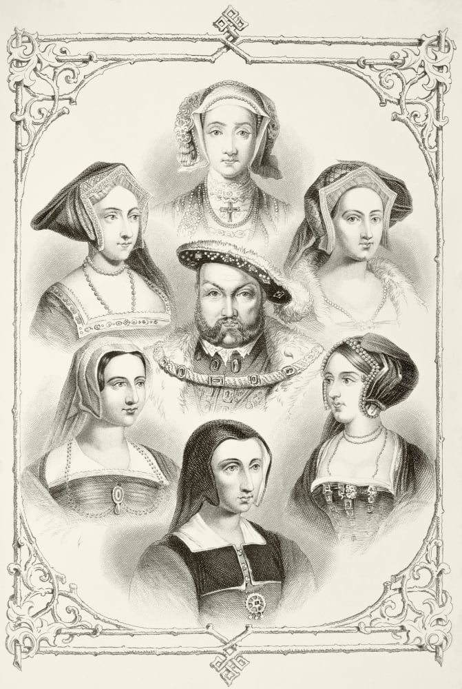 King Henry Viii Of England And His Six Wives From Top Centre And Clockwise Anne Of Cleves Catherine Howard Anne Boleyn Catherine Of Aragon Catherine Parr And Jane Seymour From The National And Domesti