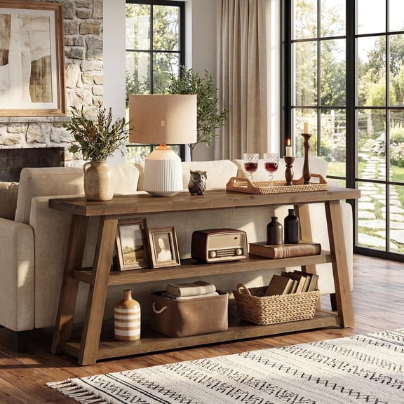 Finmind 62.99" Solid Wood Console Table, 3-Tier Farmhouse Sofa Table with Storage Shelves for Entryway, Hallway, Foyer