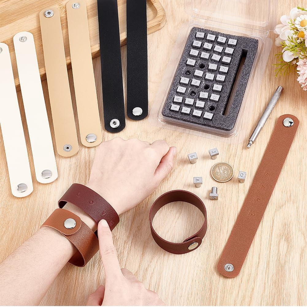36pcs Leather Stamping Tools Letter Number Stamping Punches 13x10mm Leathercraft Metal Stamp with 10pcs 5 Colors Snap Bracelets Blank Bracelet Making Kits for DIY Craft Jewelry Making Mixed Color