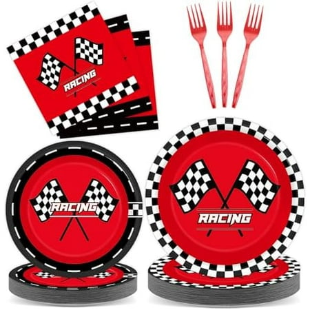 96-Pc Race Car Party Plates/Napkins: Black checkered/red flag set—racing-themed dinnerware (kid birthday/baby shower supplies). $Home Decor, Kitchen, & Other