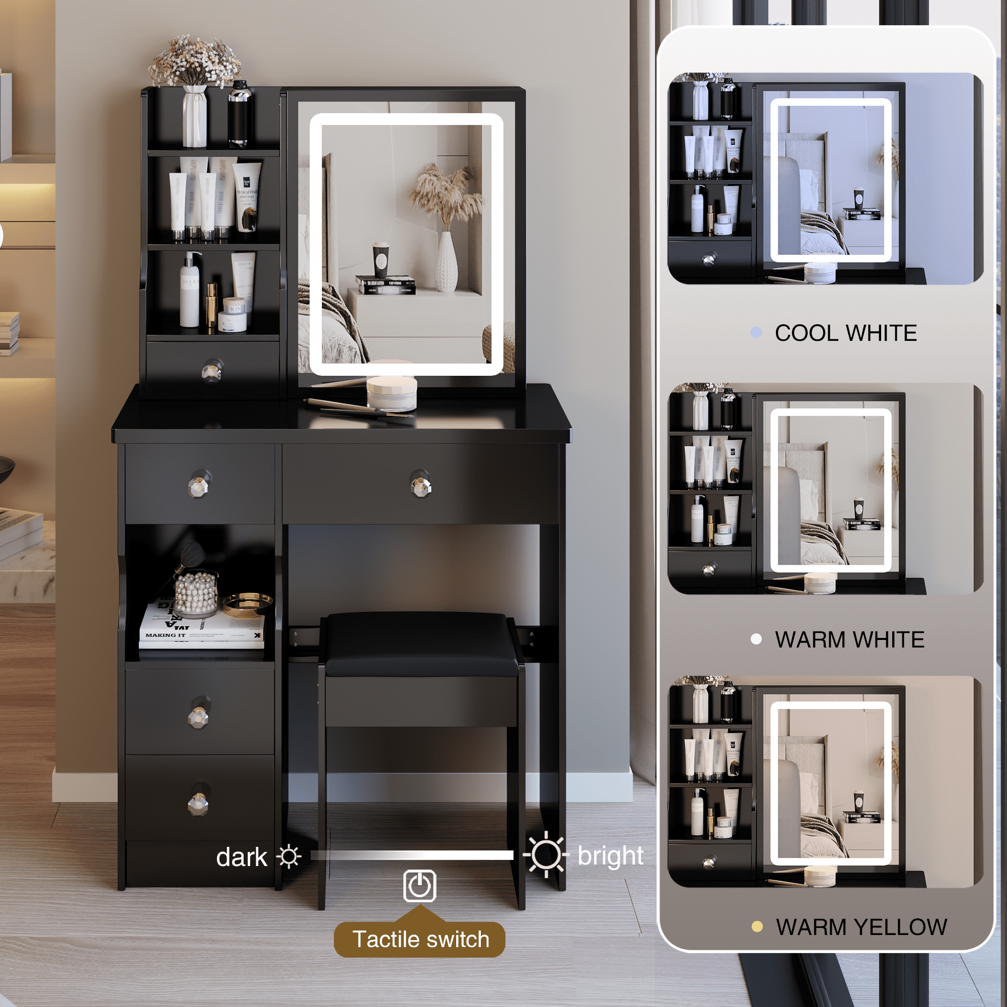 29.2" Small Size Left Drawer Desktop Vanity Table + Cushioned Stool, Large Sliding, Touch Control, Tri-color Switching, Brightness Adjust LED Mirror, High Capacity Storage, Suitable for Small Space