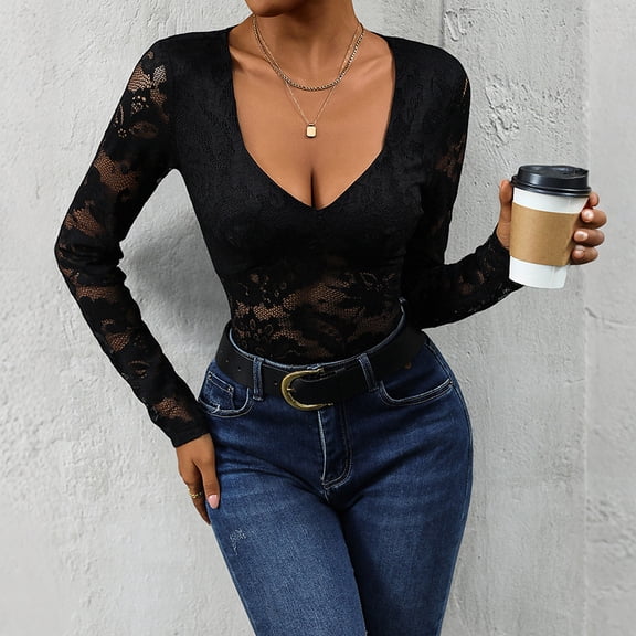 AMVIC Women’s Lace Long Sleeve Jumpsuit Solid Color Slim Fit Mid Rise Three Quarter Pants Sizes S-XL