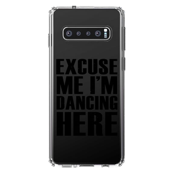 DistinctInk Clear Shockproof Hybrid Case for Samsung Galaxy S10  PLUS (6.4" Screen) - TPU Bumper Acrylic Back Tempered Glass Screen Protector - Excuse Me I'm Dancing Here