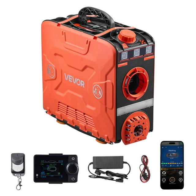 VEVOR Diesel Heater, 8KW, DC 12V, all-in-one portable diesel air heater with Bluetooth app control, remote control, and LCD screen. The heater features a bright orange and black casing with a built-in handle, a 1.2-gallon fuel tank, and a large air outlet. Accessories include a remote control, LCD switch, power cord, and smartphone app interface for control. Suitable for outdoor heating in RVs, trucks, tents, and garages.