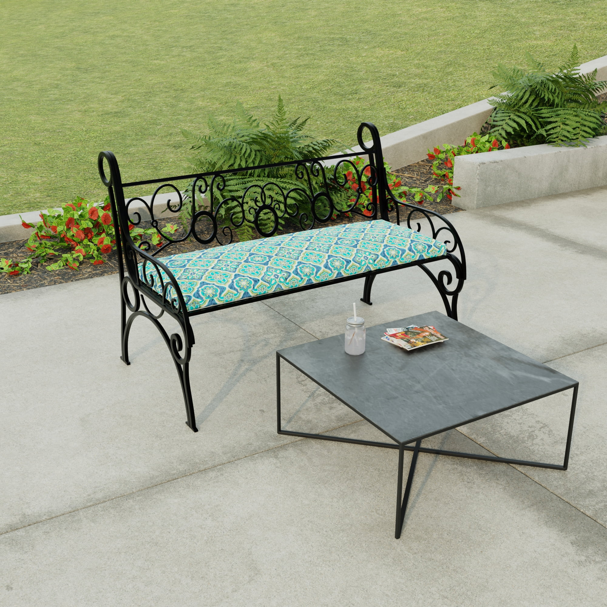 Jordan Manufacturing 48" x 18" Adonis Capri Teal Medallion Rectangular Outdoor Settee Swing Bench Cushion with Ties
