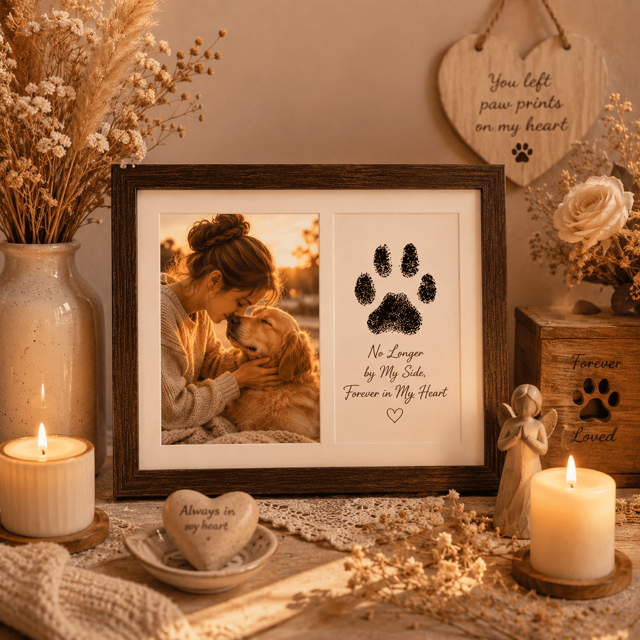 Pet Paw Print Memorial Picture Frame Kit, Wooden Keepsake Frame with Ink Pad and Gold Letter Stickers for Dogs & Cats