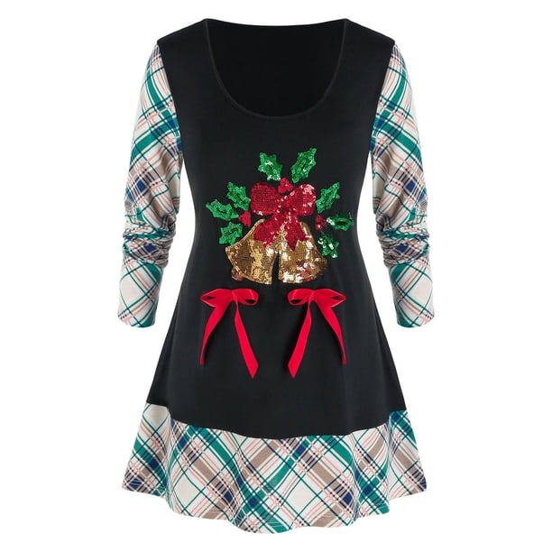 Más el tamaño de Navidad Lentejuelas Campanas tela escocesa camiseta Rosegal Mangas largas de talla grande