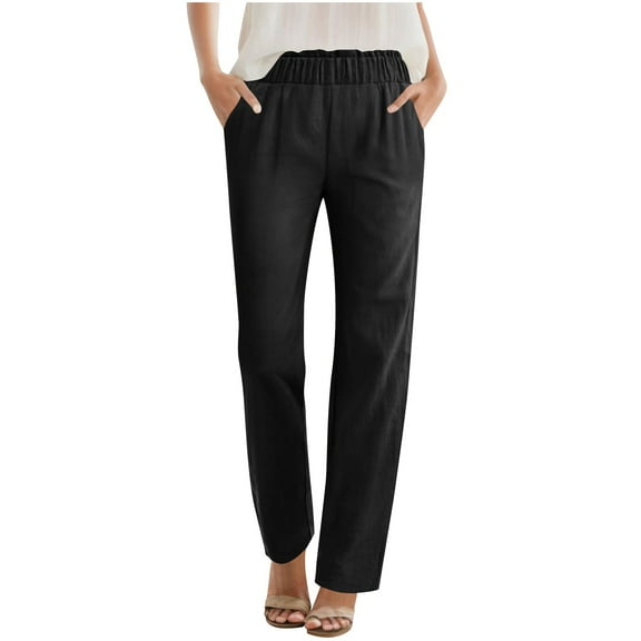 Kaemgyyd Womens Cotton Linen Pants Summer Casual Work Business Pants Elastic Waist Straight Leg Lounge Trouser with Pockets