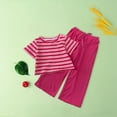 thumbnail image 4 of Coerni Toddler Baby Girls Summer Outfits Short Sleeve Stripe T-Shirt Tops + Wide Leg Pants Summer Outdoor Casual Suit, 4 of 5