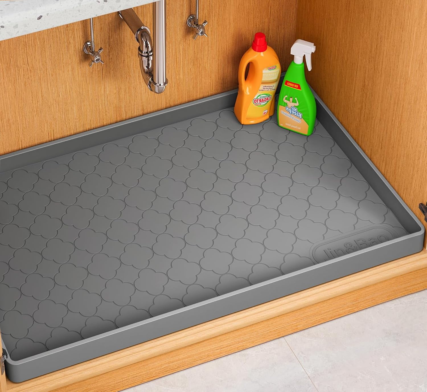 RGHJAR-Waterproof Under Sink Mat 34" x 22", Thick Silicone Mat Cabinet Protector for Kitchen and Bathroom, Shelf Liner, Home Organizer and Storage, Multipurpose Tray for Gadgets and Essentials