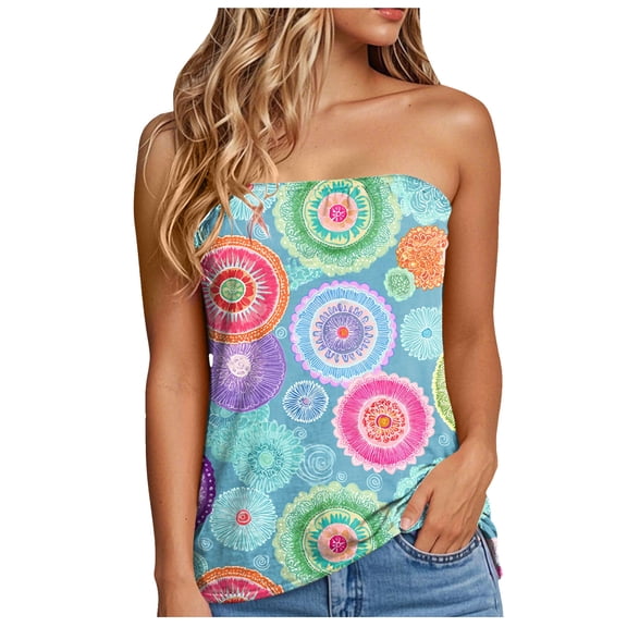 idosla Women's Floral Tube Tops Casual Summer Backless Strapless Top Sleeveless Bandeau Tanks Shirt (Light Blue, M)