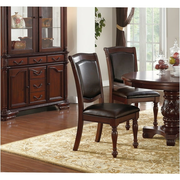 JERFIT Rubberwood Dining Chairs Set of 2, Brown Faux Leather Upholstered Side Chairs for Formal Dining Room, Traditional Carved Accent Chairs